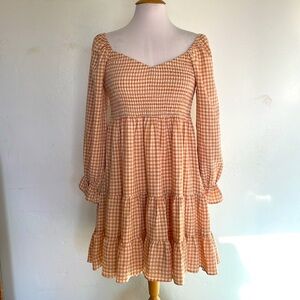 Blue B Collection Gingham Taupe Long Sleeve Baby Doll Dress Size Large